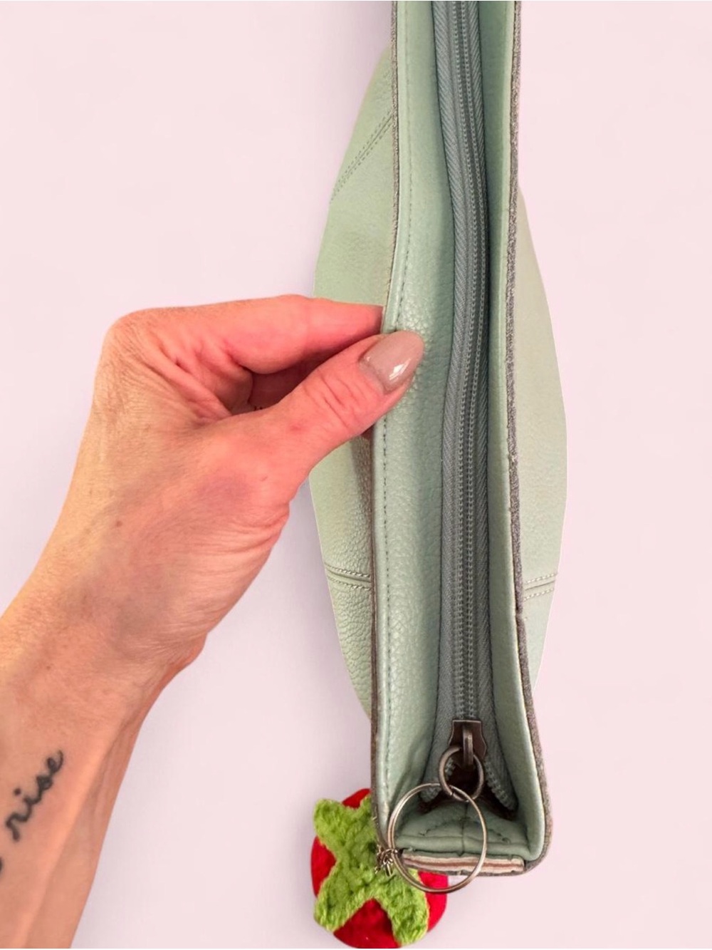 The Sak Mint Green Leather Pouch w/Crocheted Strawberry Charm - Picture 7 of 9